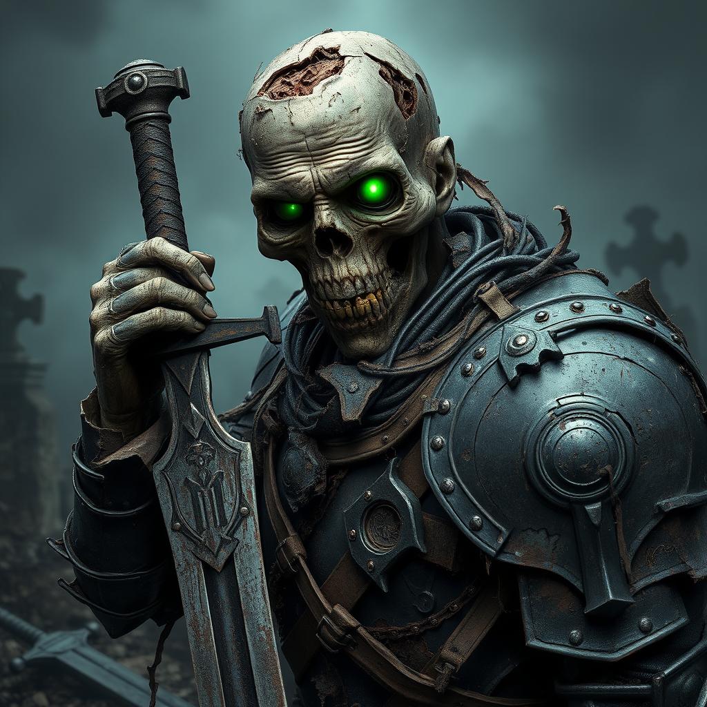 A grotesquely decayed zombie knight in black armor, showcasing extreme deterioration with chunks of armor missing, exposing rotting flesh beneath