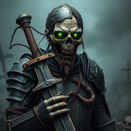 A grotesquely decayed zombie knight in black armor, showcasing extreme deterioration with chunks of armor missing, exposing rotting flesh beneath