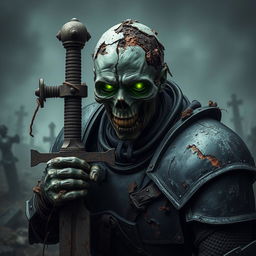 A grotesquely decayed zombie knight in black armor, showcasing extreme deterioration with chunks of armor missing, exposing rotting flesh beneath