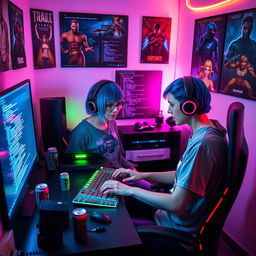 A female gamer in a cozy, modern room, intensely focused on programming at her computer