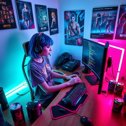 A female gamer in a cozy, modern room, intensely focused on programming at her computer