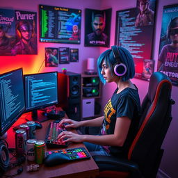 A female gamer in a cozy, modern room, intensely focused on programming at her computer