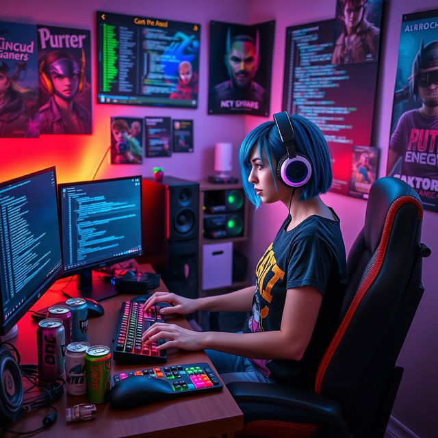 A female gamer in a cozy, modern room, intensely focused on programming at her computer