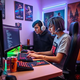 A female gamer in a cozy, modern room, intensely focused on programming at her computer