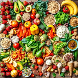An expansive and vibrant collage of various foods, showcasing an array of colorful fruits, vegetables, grains, meats, and desserts