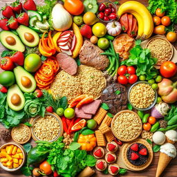 An expansive and vibrant collage of various foods, showcasing an array of colorful fruits, vegetables, grains, meats, and desserts