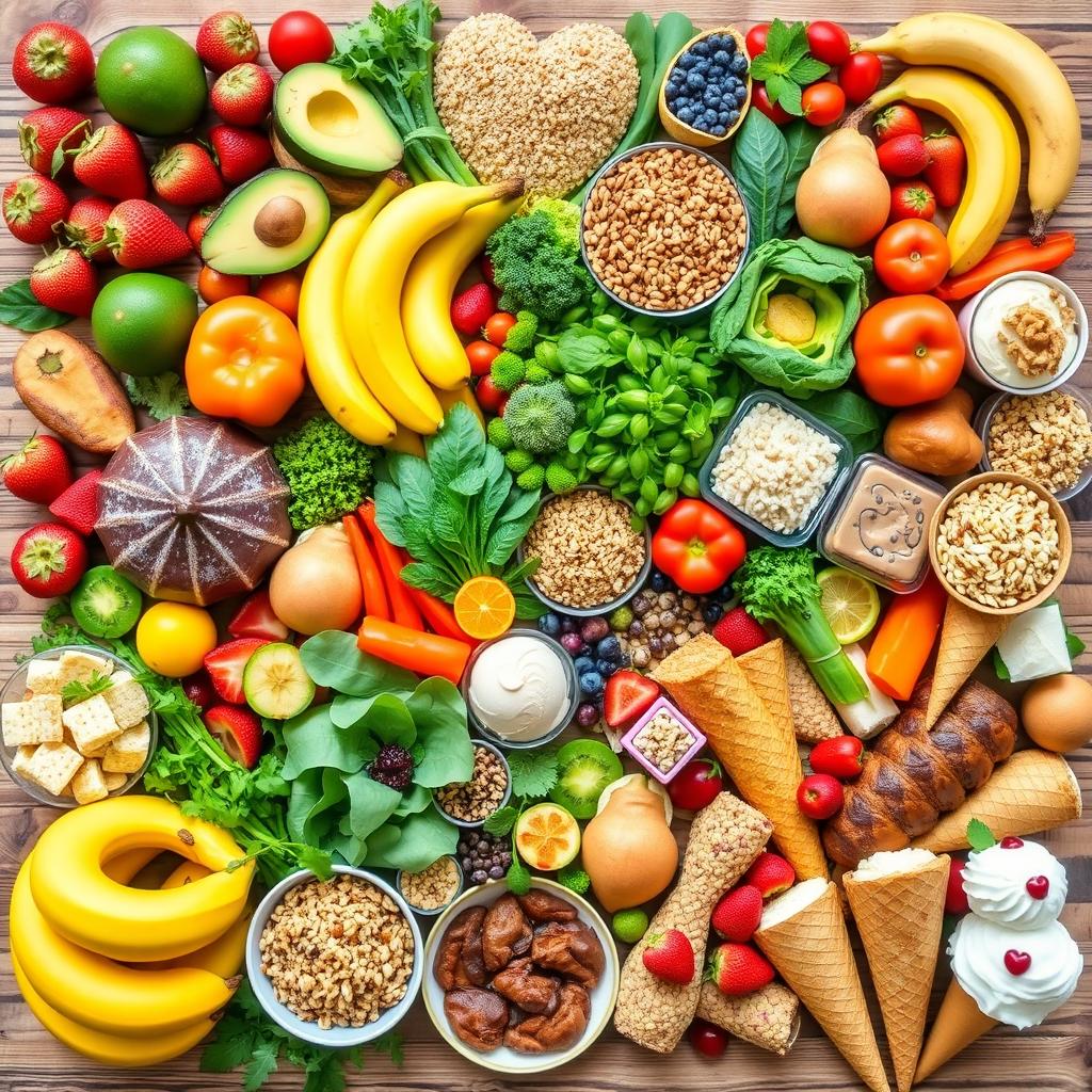 An expansive and vibrant collage of various foods, showcasing an array of colorful fruits, vegetables, grains, meats, and desserts