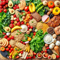 An expansive and vibrant collage of various foods, showcasing an array of colorful fruits, vegetables, grains, meats, and desserts