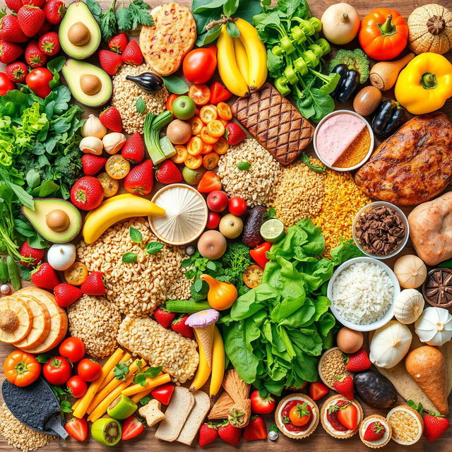 An expansive and vibrant collage of various foods, showcasing an array of colorful fruits, vegetables, grains, meats, and desserts
