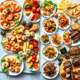 A vibrant and beautifully arranged two-page spread of exquisite food dishes, featuring a rich buffet of culinary delights