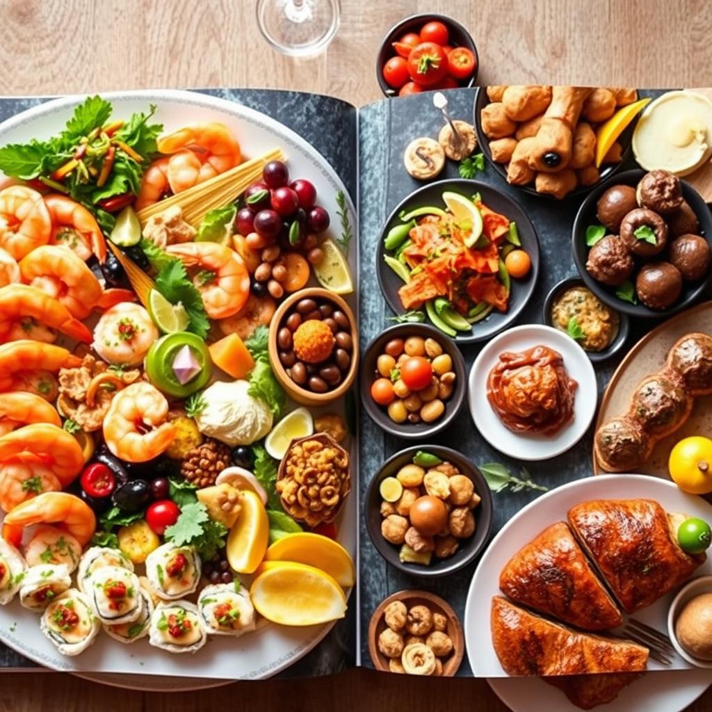 A vibrant and beautifully arranged two-page spread of exquisite food dishes, featuring a rich buffet of culinary delights