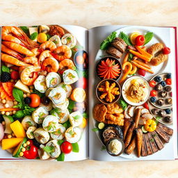 A vibrant and beautifully arranged two-page spread of exquisite food dishes, featuring a rich buffet of culinary delights