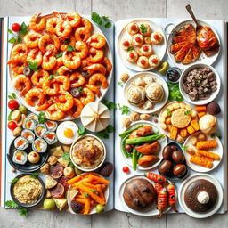 A vibrant and beautifully arranged two-page spread of exquisite food dishes, featuring a rich buffet of culinary delights