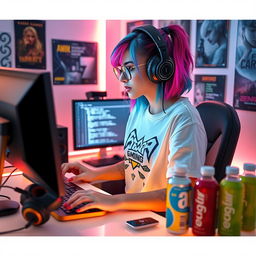 A stylish gamer e-girl programming on a computer in a cozy, modern gaming setup