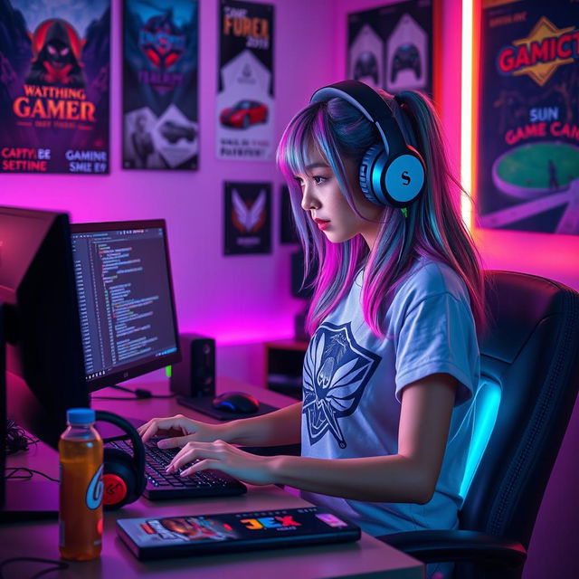 A stylish gamer e-girl programming on a computer in a cozy, modern gaming setup