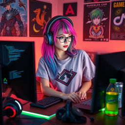 A stylish gamer e-girl programming on a computer in a cozy, modern gaming setup