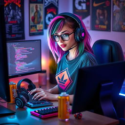 A stylish gamer e-girl programming on a computer in a cozy, modern gaming setup