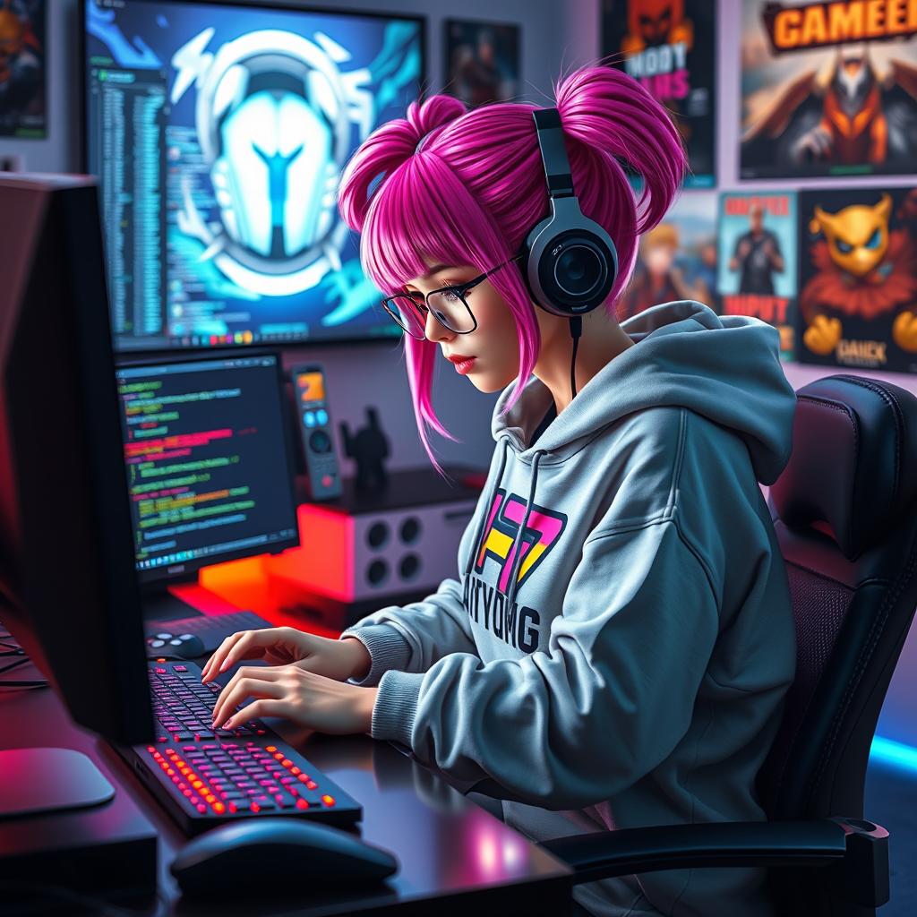 A captivating gamer e-girl intensely programming on a computer in a stylish, modern gaming room