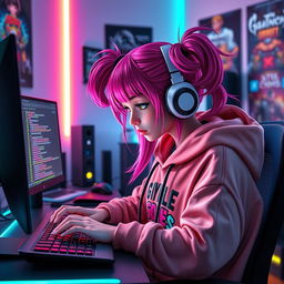 A captivating gamer e-girl intensely programming on a computer in a stylish, modern gaming room