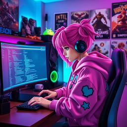 A captivating gamer e-girl intensely programming on a computer in a stylish, modern gaming room