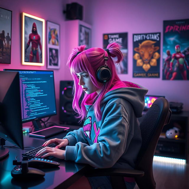 A captivating gamer e-girl intensely programming on a computer in a stylish, modern gaming room