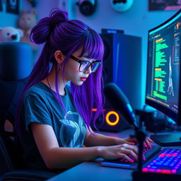 A trendy gamer e-girl deeply focused on programming at her sleek computer station