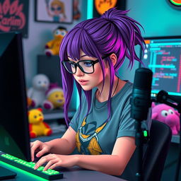 A trendy gamer e-girl deeply focused on programming at her sleek computer station