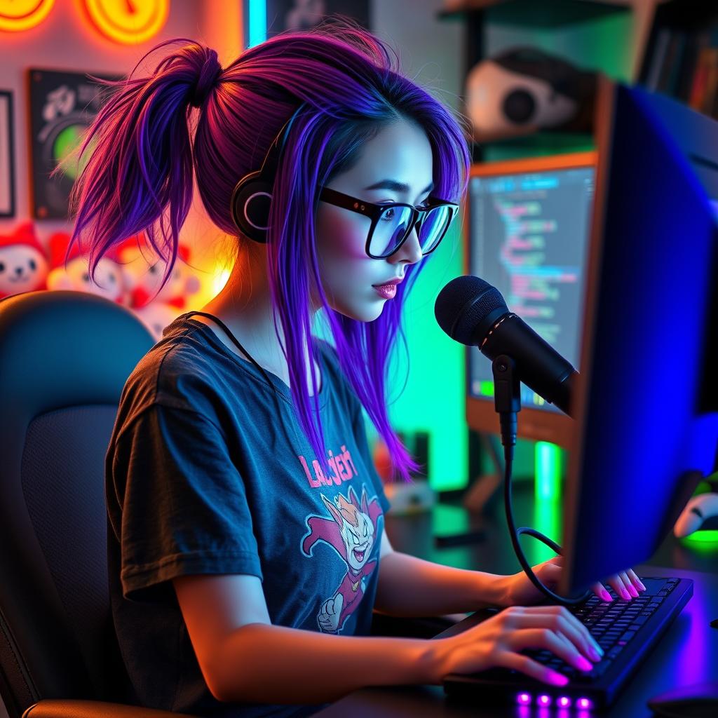 A trendy gamer e-girl deeply focused on programming at her sleek computer station