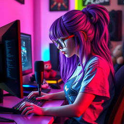 A trendy gamer e-girl deeply focused on programming at her sleek computer station