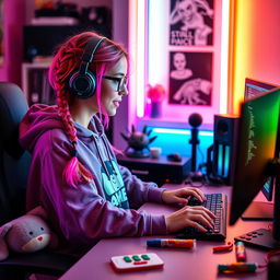 A vibrant gamer e-girl programming on her computer in a colorful, modern gaming room