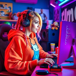 A vibrant gamer e-girl programming on her computer in a colorful, modern gaming room