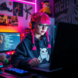 A vibrant gamer e-girl programming on her computer in a colorful, modern gaming room