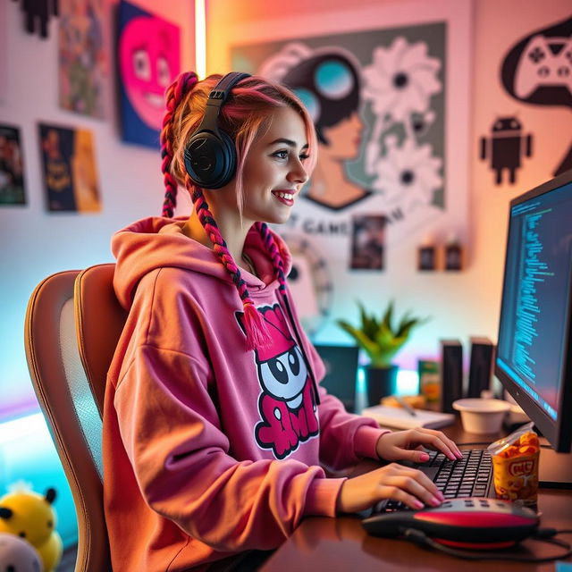 A vibrant gamer e-girl programming on her computer in a colorful, modern gaming room