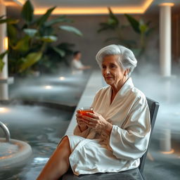 An elegant elderly lady with silver hair styled in an updo, wearing a tasteful, flowing white robe, sitting in the serene wellness area of a thermal spa