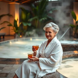 An elegant elderly lady with silver hair styled in an updo, wearing a tasteful, flowing white robe, sitting in the serene wellness area of a thermal spa