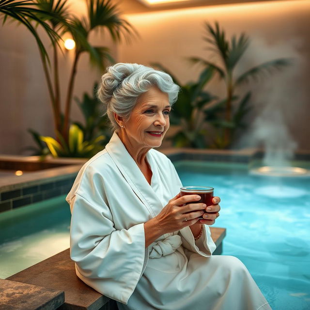An elegant elderly lady with silver hair styled in an updo, wearing a tasteful, flowing white robe, sitting in the serene wellness area of a thermal spa