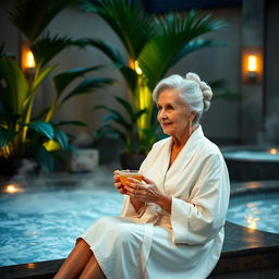 An elegant elderly lady with silver hair styled in an updo, wearing a tasteful, flowing white robe, sitting in the serene wellness area of a thermal spa