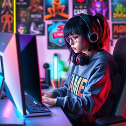 A dynamic scene featuring a teen gamer e-girl with black hair accented with bold red highlights, intently programming on her sleek computer