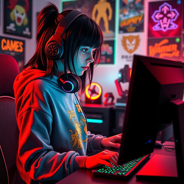 A dynamic scene featuring a teen gamer e-girl with black hair accented with bold red highlights, intently programming on her sleek computer