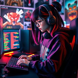 A dynamic scene featuring a teen gamer e-girl with black hair accented with bold red highlights, intently programming on her sleek computer