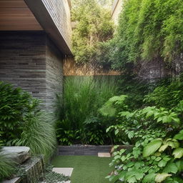 A lush backyard with a relaxing waterfall nestled in a corner, and a decorative wall featuring rustic brick tiles.