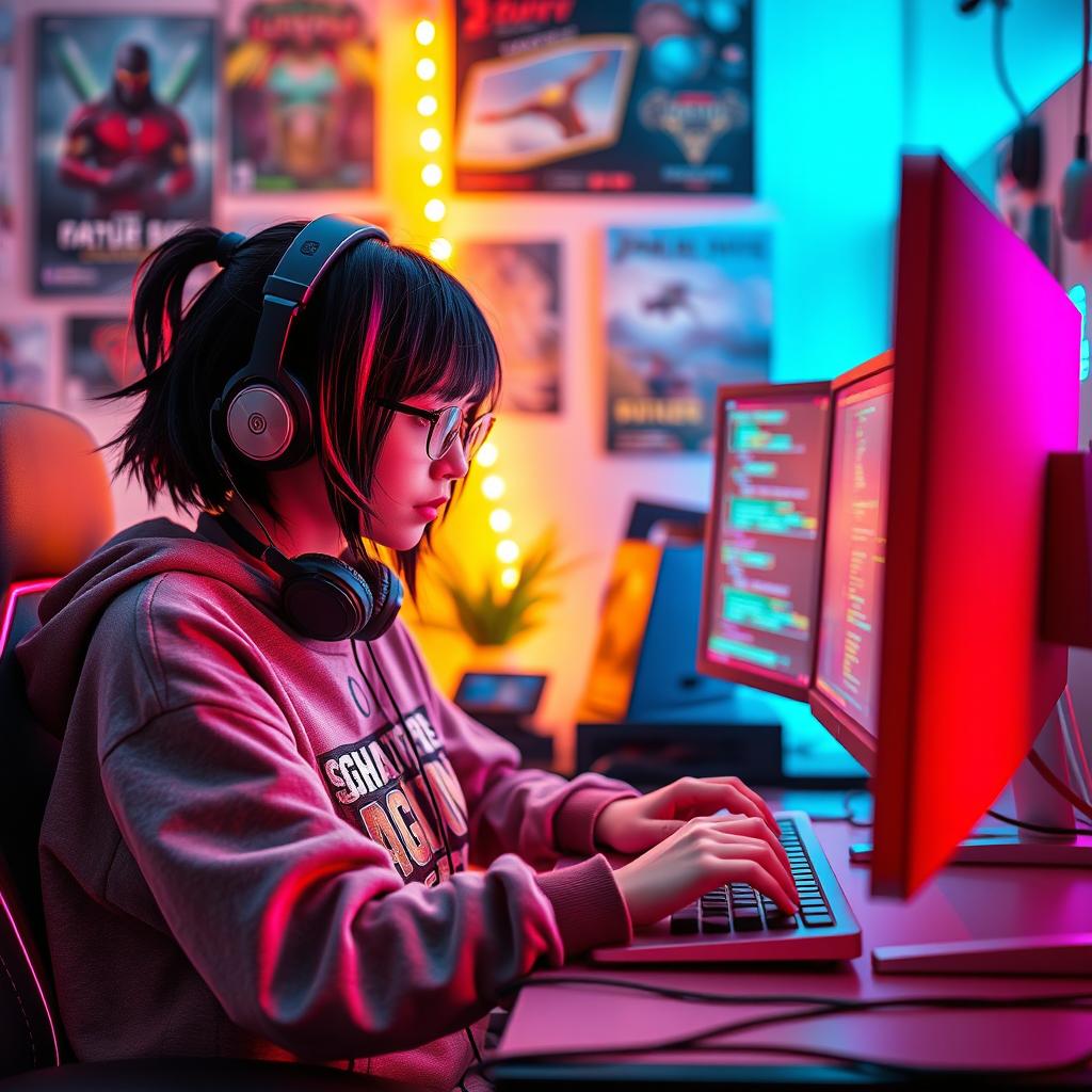 A dynamic scene featuring a teen gamer e-girl with black hair accented with bold red highlights, intently programming on her sleek computer