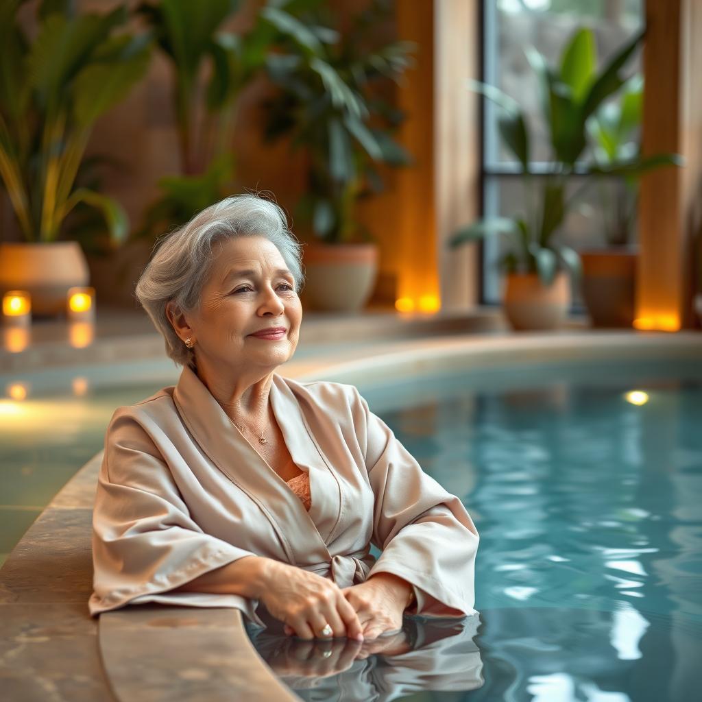 An elegant elderly lady relaxing in the serene wellness area of a thermal spa, surrounded by warm, soothing water and soft ambient lighting