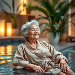 An elegant elderly lady relaxing in the serene wellness area of a thermal spa, surrounded by warm, soothing water and soft ambient lighting