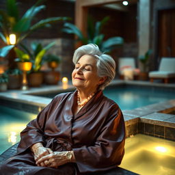 An elegant elderly lady relaxing in the serene wellness area of a thermal spa, surrounded by warm, soothing water and soft ambient lighting