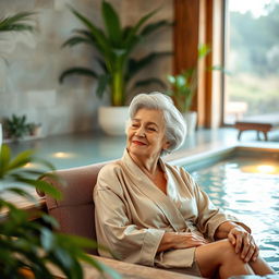 An elegant elderly lady relaxing in the serene wellness area of a thermal spa, surrounded by warm, soothing water and soft ambient lighting