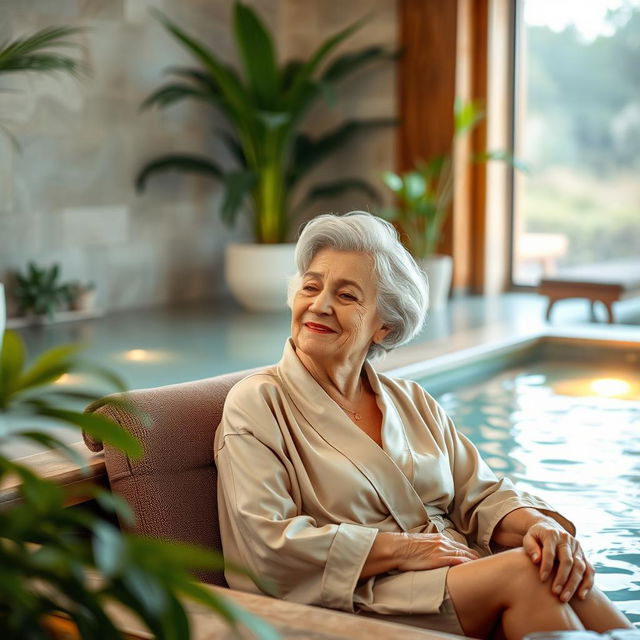 An elegant elderly lady relaxing in the serene wellness area of a thermal spa, surrounded by warm, soothing water and soft ambient lighting
