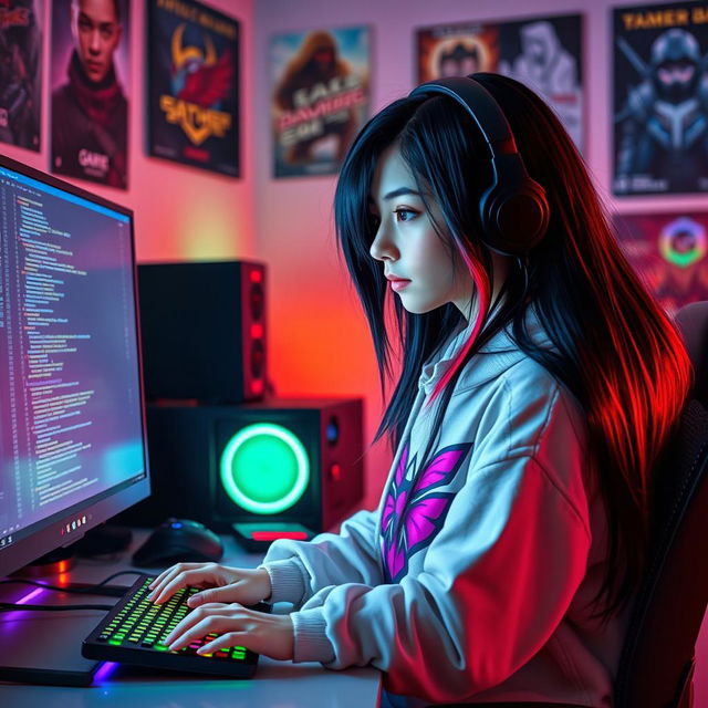 A stylish teen gamer e-girl with long black hair featuring striking red highlights, focused intently on programming at her modern computer setup