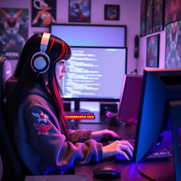 A stylish teen gamer e-girl with long black hair featuring striking red highlights, focused intently on programming at her modern computer setup