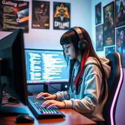 A stylish teen gamer e-girl with long black hair featuring striking red highlights, focused intently on programming at her modern computer setup